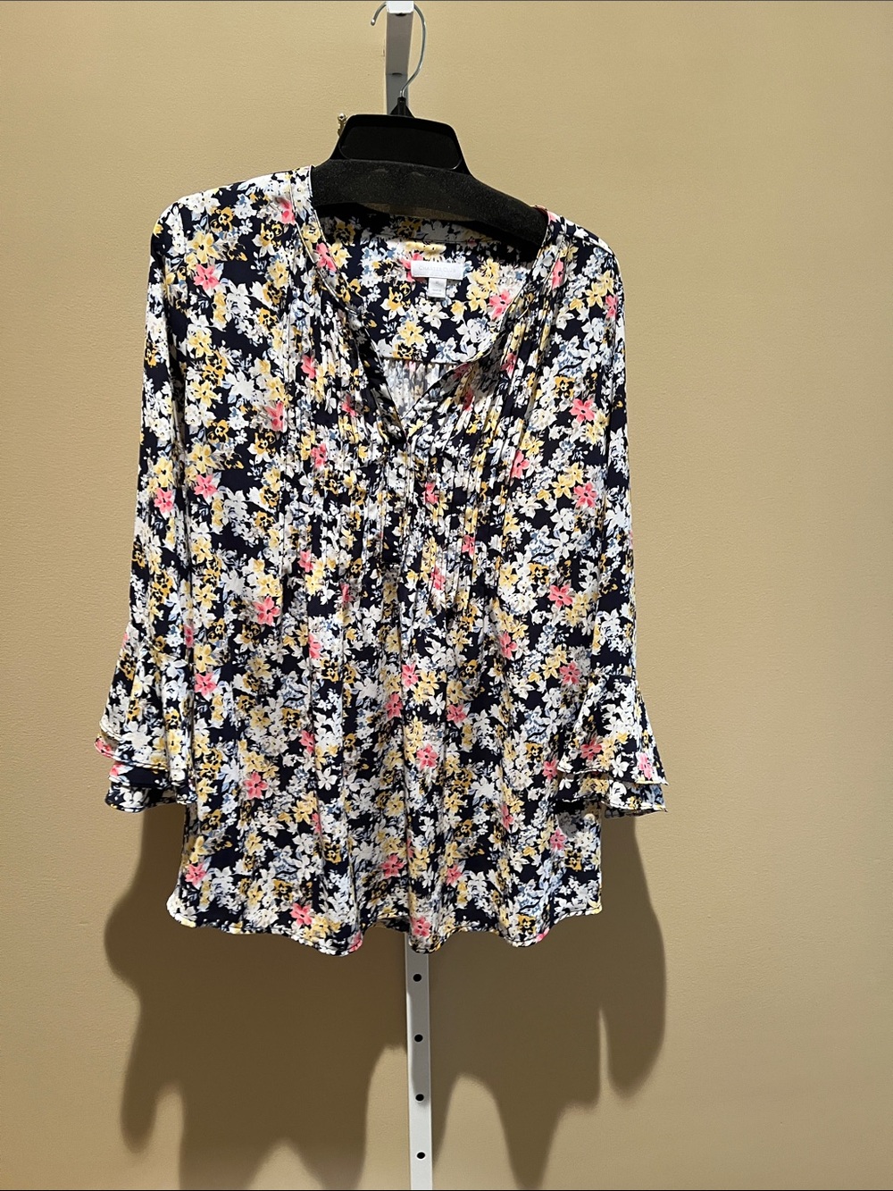 Charter Club Navy Floral Split-Neck Blouse with Pink & Yellow Flowers